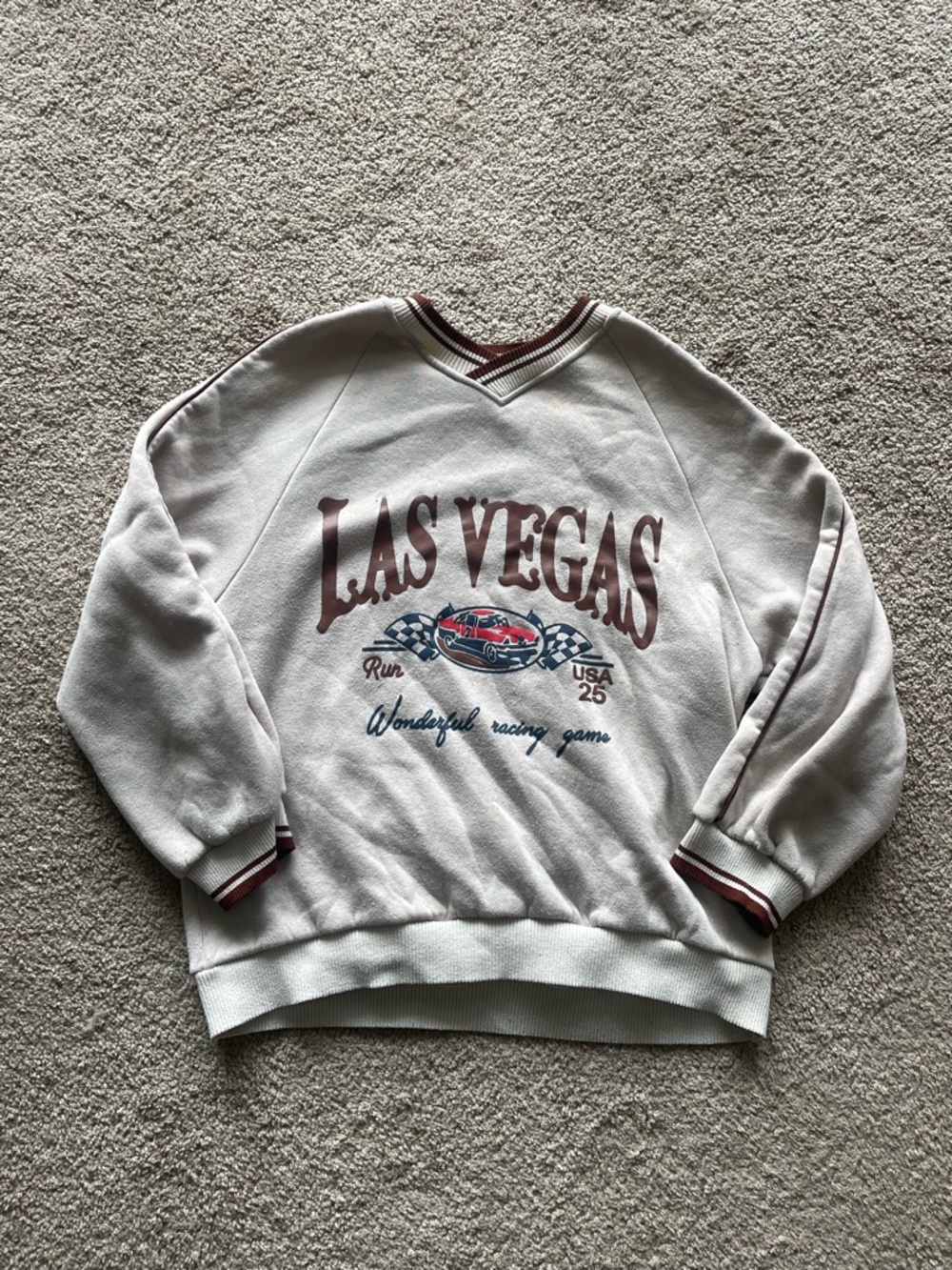 & Other Stories Las Vegas V-Neck Sweatshirt - Cream with Burgundy Accents
